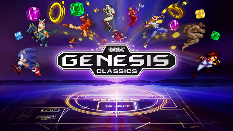 Cover art for the Sega Genesis Classics bundle. Figures from various old-school Sega games jumping out from a logo.