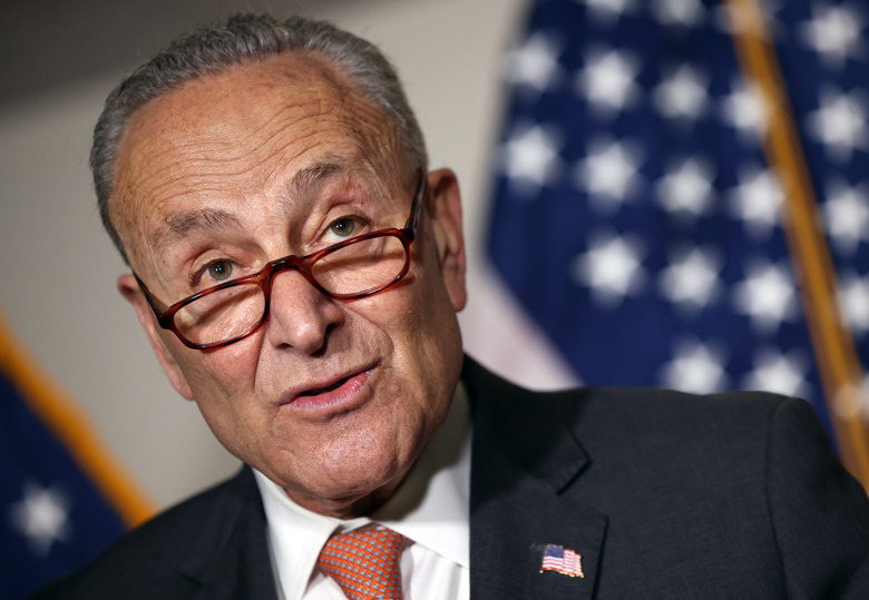 WASHINGTON, DC - JUNE 08: Senate Majority Leader Charles Schumer (D-NY) speaks at a press conference following a Senate Democratic luncheon on Capitol Hill on June 08, 2021 in Washington, DC. Schumer spoke on the equal pay, infrastructure and Democratic judicial nominees.  (Photo by Kevin Dietsch/Getty Images)