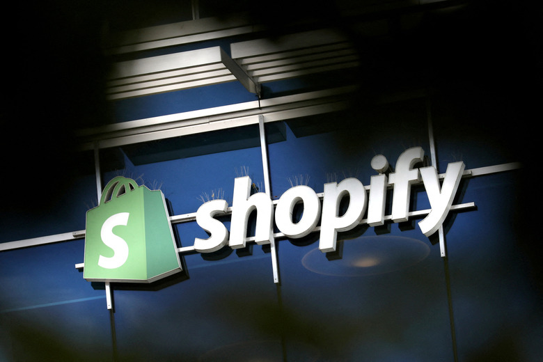 The logo of Shopify is seen outside its headquarters in Ottawa, Ontario, Canada.
