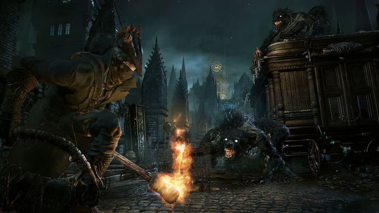 Gameplay screenshot from Bloodborne showing the character about to fight a werewolf.
