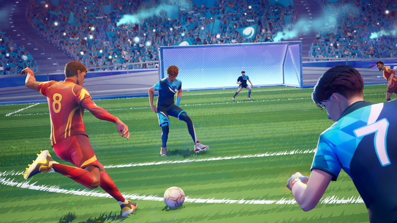 Soccer game in action.