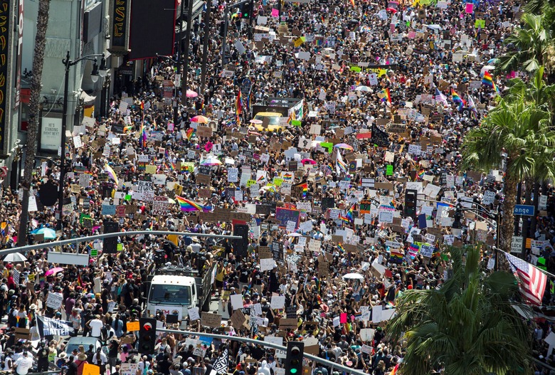 People take part in an All Black Lives Matter march, organized by Black LGBTQ+ leaders, in the aftermath of the death in Minneapolis police custody of George Floyd, in Hollywood, Los Angeles, California, U.S., June 14, 2020.  REUTERS/Ringo Chiu     TPX IMAGES OF THE DAY