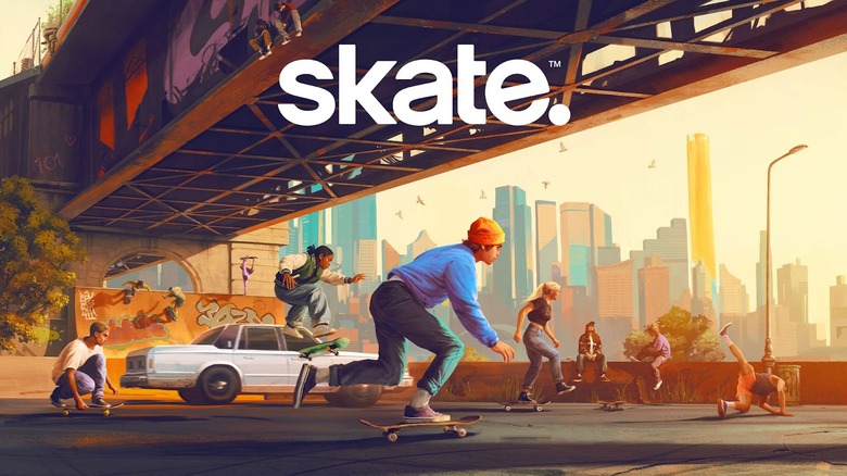 A variety of different people skateboarding under the text 