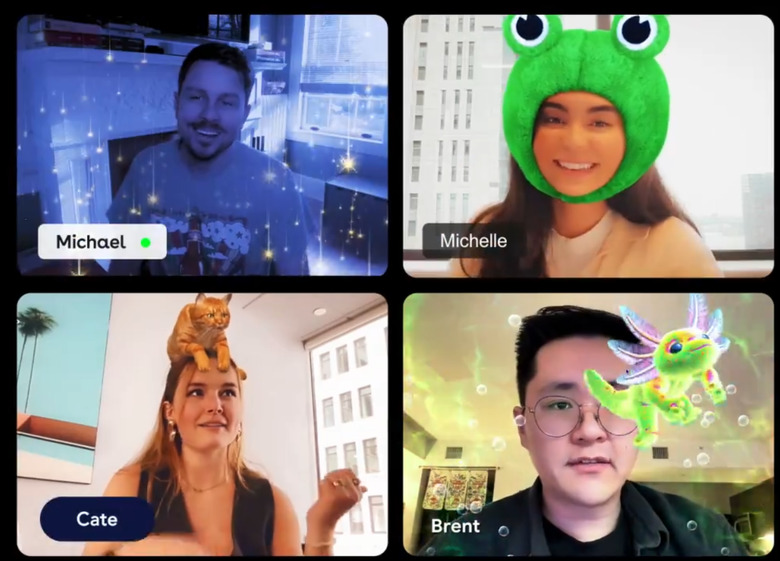 A video call showing the participants with augmented reality effects applied to their feeds.