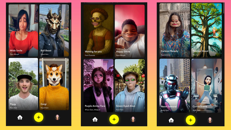 Screenshots of Lens Studio with a grid of different face filters and AR effects.