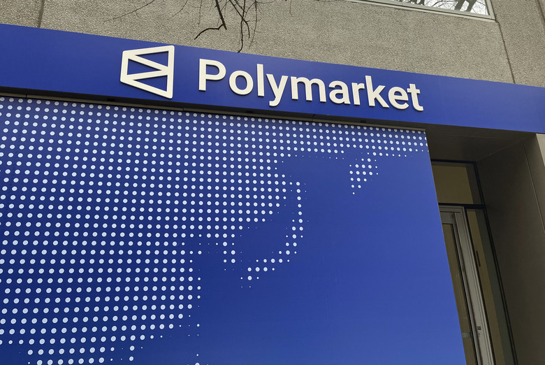 The logo of the prediction market online platform Polymarket is seen outside their new location called 