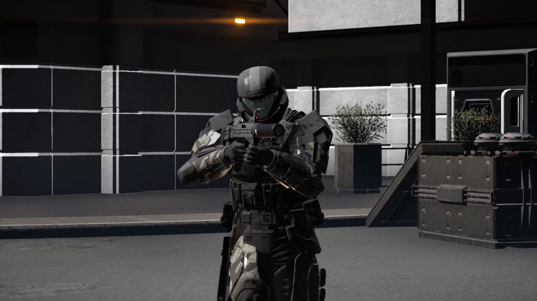 A character in Halo armor with Halo weapons in the game Helldivers 2.