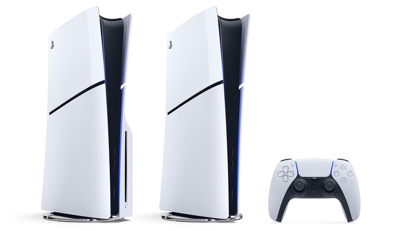 PS5 Slim disc drive and digital edition, along with the DualSense controller.