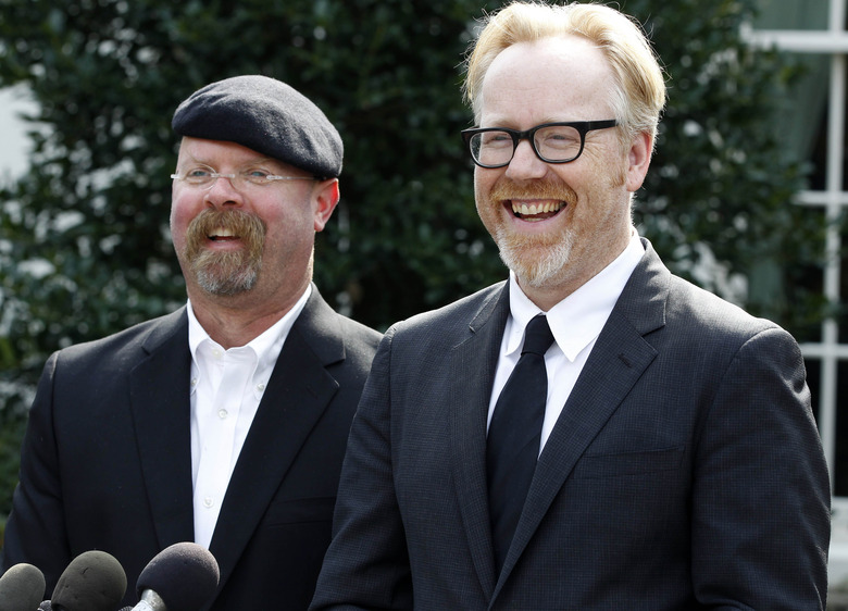 Discovery Channel's MythBusters hosts, Jamie Hyneman, left, and Adam Savage, speak to reporters outside the White House in Washington, Monday, Oct. 18, 2010, after they taped a segment with President Barack Obama. (AP Photo/Charles Dharapak)