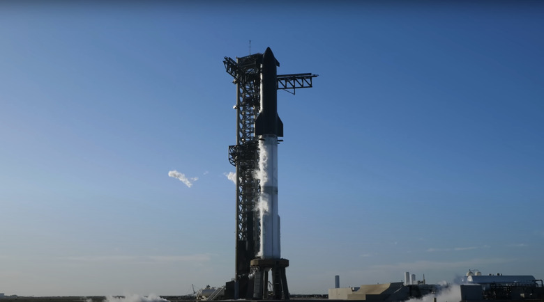 SpaceX's Starship vehicle is pictured stacked on the Super Heavy rocket ahead of launch