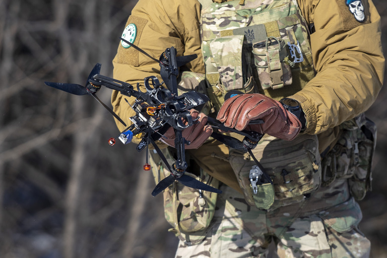DONETSK OBLAST, UKRAINE - FEBRUARY 8: A Ukrainian serviceman prepares to operate an unmanned air vehicle (UAV) in Donetsk Oblast, Ukraine on February 08, 2023. (Photo by Mustafa Ciftci/Anadolu Agency via Getty Images)