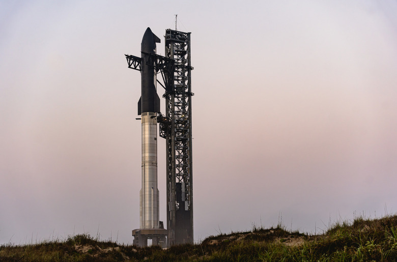 A rocket on a launch pad.