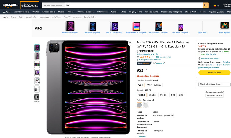 Screenshot on Spanish Amazon website, showing the listing for the 2022 Apple iPad Pro. Product image to the left, pricing and details to the right, Amazon banner and search bar up top.