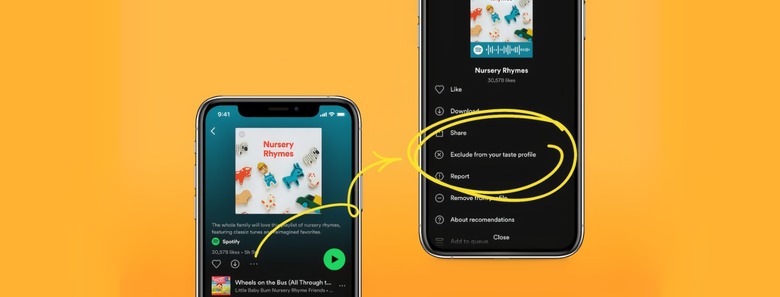 Two phones showing the Spotify app, illustrating the contextual menu where you activate the new  “Exclude from your Taste Profile” feature. Yellow-ish orange background.