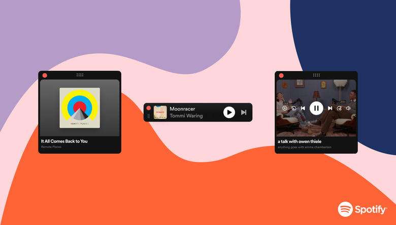 Promotional image for the Spotify Desktop Miniplayer. Three sizes of the floating window are visible in front of a groovy colorful background in Spotify's marketing art style.
