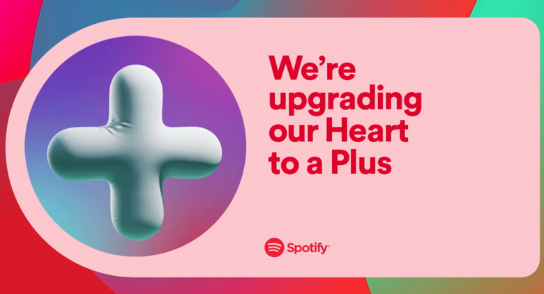 Image showing a plus symbol. Text: We're upgrading our Heart to a Plus. Spotify.