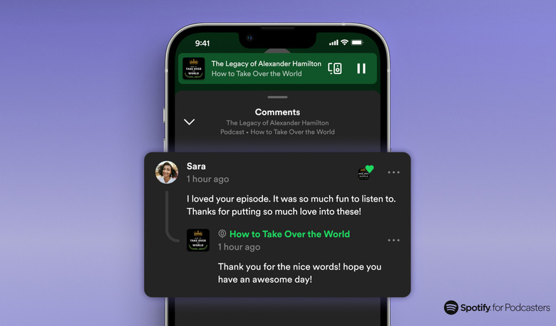 Computer generated image of a phone showing a Spotify comment.