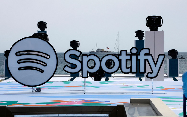 A logo of Spotify is seen on a beach during the Cannes Lions International Festival of Creativity in Cannes, France, June 20, 2023. REUTERS/Eric Gaillard