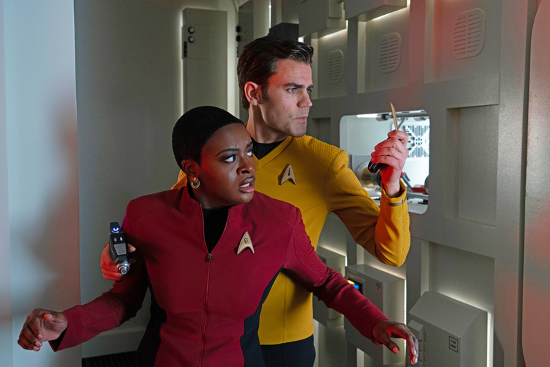 Celia Rose Gooding as Uhura and Paul Wesley as James T. Kirk in Star Trek: Strange New Worlds, streaming on Paramount+, 2023. 