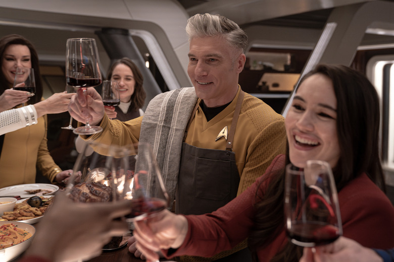 L to R Rebecca Romijn as Una, Melanie Scrofano as Batel, Anson Mount as Capt. Pike and Christina Chong as LaÃ­an in season 3 , Episode 7 of Strange New Worlds streaming on Paramount+. Photo Credit: Marni GrossmanParamount+ 