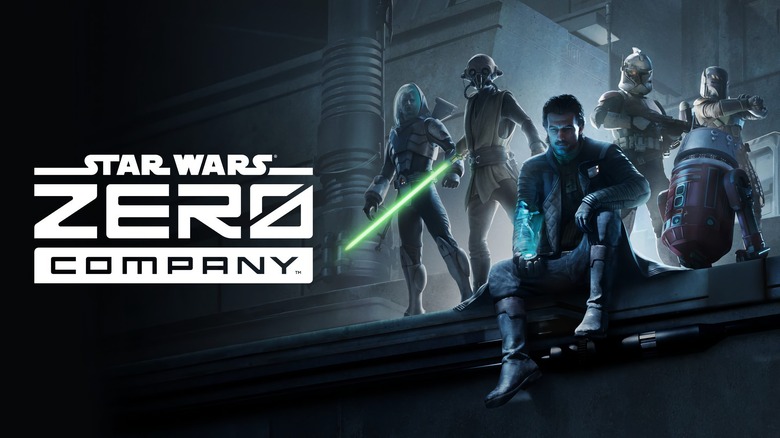 The key art of Star Wars Zero Company, showing a Jedi, bounty hunter, droid and more posed on a ledge.