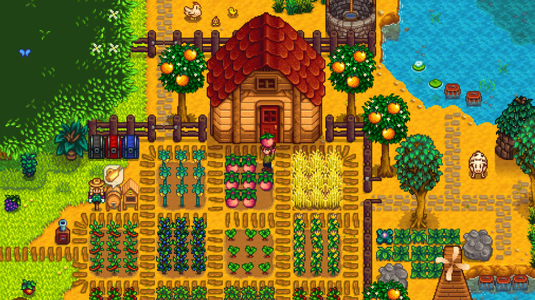 Stardew Valley screenshot showing your character picking a melon.