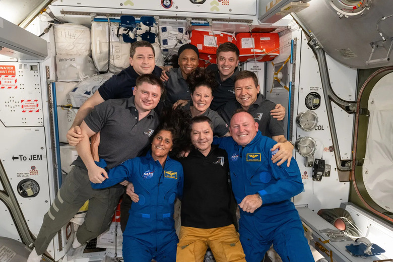 Boeing and ISS astronauts pictured on the ISS: front, from left: Suni Williams, Oleg Kononenko, and Butch Wilmore. Second row from left are, Alexander Grebenkin, Tracy C. Dyson, and Mike Barratt. Back row: Nikolai Chub, Jeanette Epps, and Matthew Dominick
