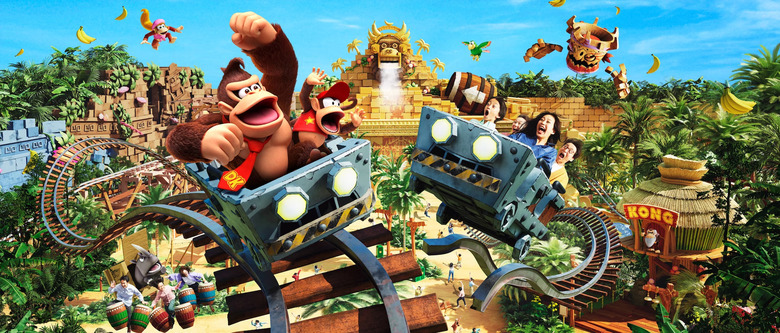 Donkey Kong Country area at Super Nintendo World Japan, showing Donkey and Diddy Kong riding in one mine cart and humans on another.