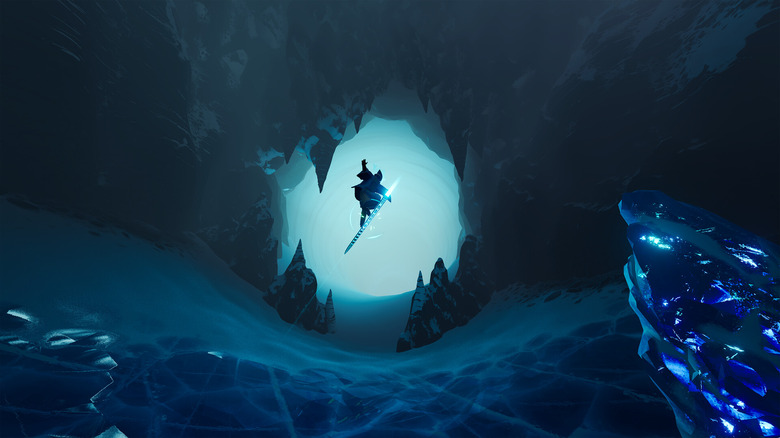 A shadowy figure executes a grab trick in mid-air on a skateboard-like sword in a blue cave in Sword of the Sea.