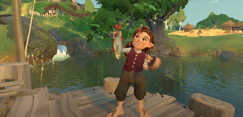 A Hobbit holds up a fish in Tales of the Shire.