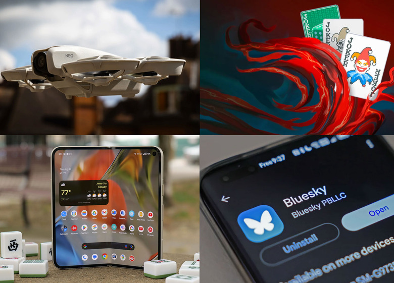 A composite image with, from left to right in clockwise order, photos of the DJI Neo, Balatro, Bluesky and the Pixel 9 Pro Fold laid out in a grid. 