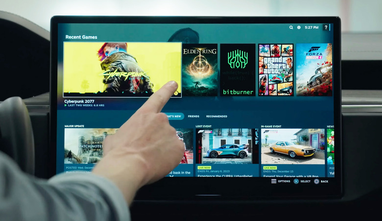 A demo of Tesla's new Steam integration shown on it's dashboard touchscreen display.