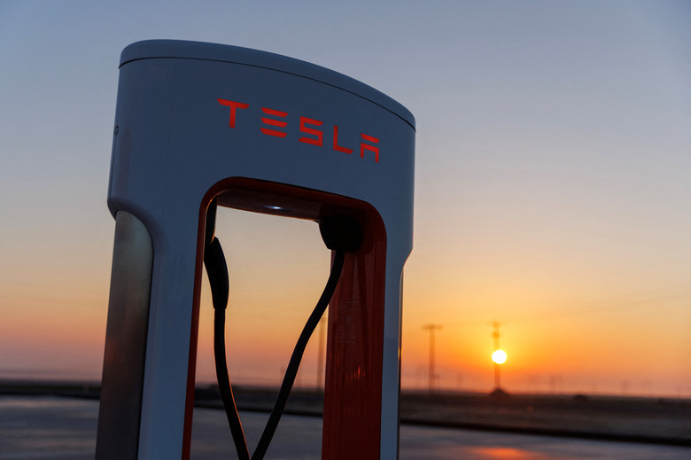 A Tesla supercharging station is seen in the early morning sun, in Kettleman City, California, U.S., January 25, 2023.  REUTERS/Mike Blake