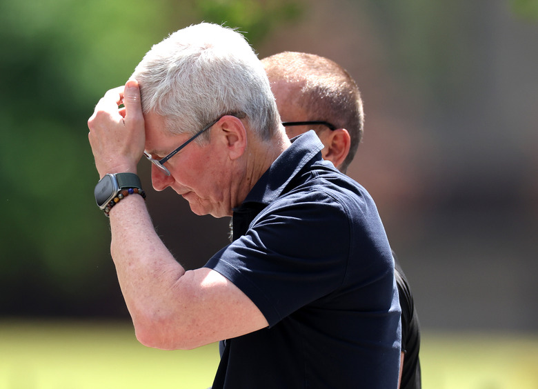 SUN VALLEY, IDAHO - JULY 13: Tim Cook, Apple CEO, walks from lunch during the Allen & Company Sun Valley Conference on July 13, 2023 in Sun Valley, Idaho. Every July, some of the world's most wealthy and powerful figures from the media, finance, technology and political spheres converge at the Sun Valley Resort for the exclusive weeklong conference. (Photo by Kevin Dietsch/Getty Images)