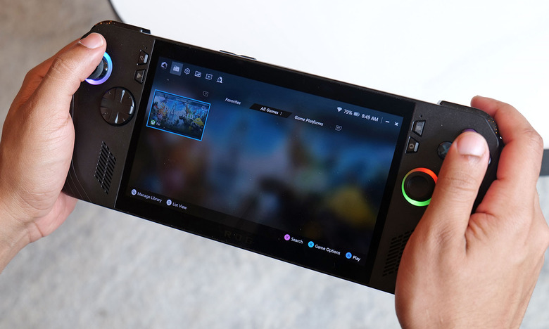 The ASUS ROG Ally X gaming handheld in two hands.