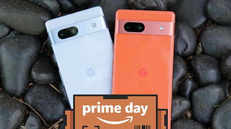 Two of the Google Pixel 7a phones sit on black rocks. The Prime day logo is over the image. 