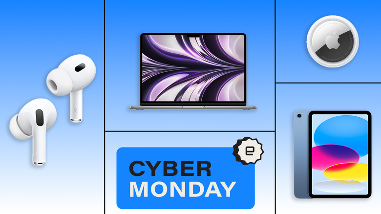 A selection of apple devices that are on sale for Cyber Monday include the AirTag, AirPods Pro and others on an abstract blue background