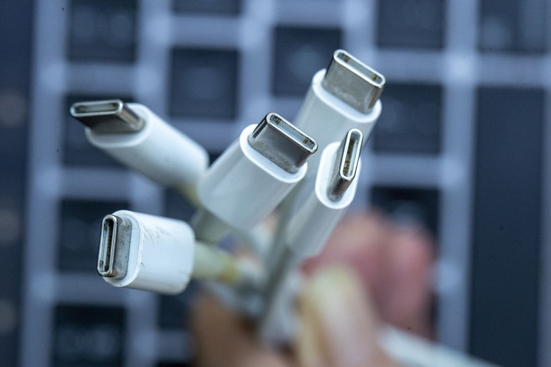 Illustration picture shows details of several Apple USB-C connectors for charger cables of electronic devices, in Lierde, Wednesday 13 September 2023. European legislation requires manufacturers of electronic equipment to equip all new smartphones, tablets and cameras with a USB-C port by the end of 2024. Apple has been using its own Lightning technology until now, but recently announced that the latest version of the iPhone (iPhone 15) will have a universal USB-C charging port. BELGA PHOTO NICOLAS MAETERLINCK (Photo by NICOLAS MAETERLINCK / BELGA MAG / Belga via AFP) (Photo by NICOLAS MAETERLINCK/BELGA MAG/AFP via Getty Images)