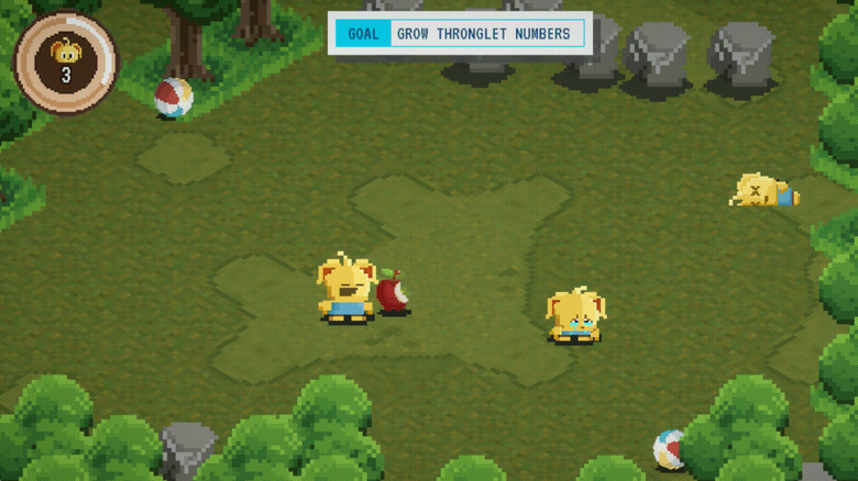 A screenshot showing pixel yellow creatures on green land.