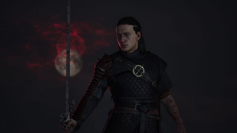 A still from The Blood of Dawnwalker showing a man with a scarred face standing in front of a dark moon holding a sword
