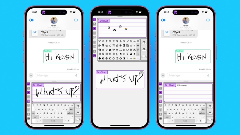 Three screenshots from the PicoChat app for iMessage.