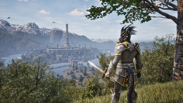 A figure carries a sword and wears a suit of armor while looking at a distant city.