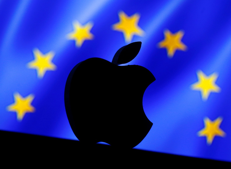FILE PHOTO: A 3D printed Apple logo is seen in front of a displayed European Union flag in this illustration taken September 2, 2016. REUTERS/Dado Ruvic/Illustration/File Photo