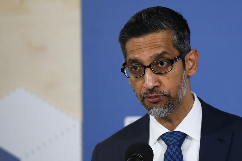 Alphabet and Google CEO Sundar Pichai meets with Polish Prime Minister Donald Tusk at Google for Startups in Warsaw, Poland, on February 13, 2025. (Photo by Klaudia Radecka/NurPhoto via Getty Images)