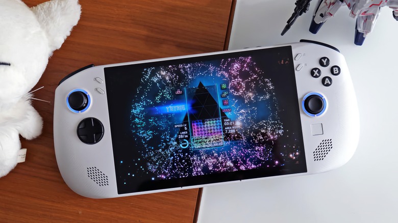 A white Lenovo Legion Go S playing Tetris.
