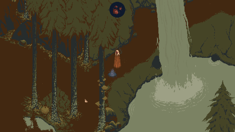 Screenshot from the game Death Howl. A female character in a lush area with a waterfall. Retro art.
