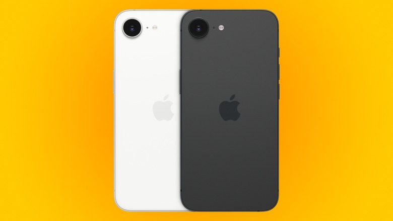 White and black iPhone 16es on a orange gradient background.