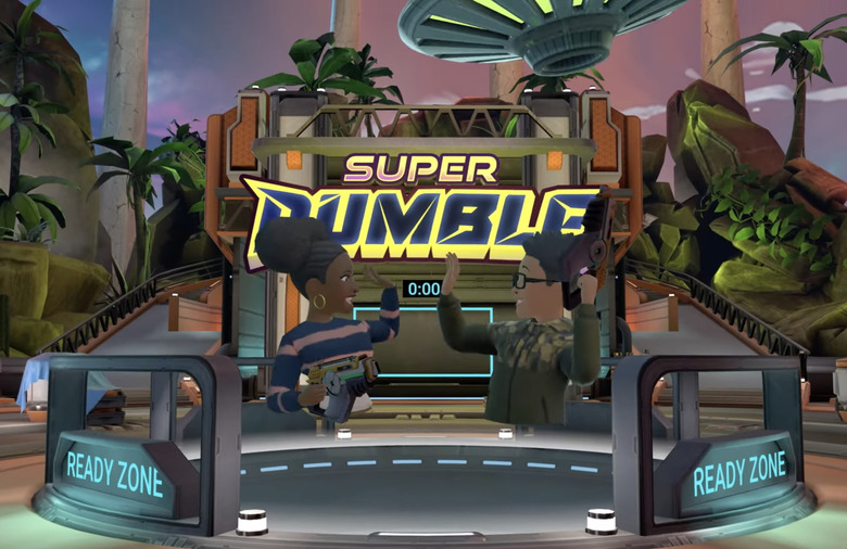 A screenshot showing the Super Rumble logo with avatars of two players giving each other a high five.