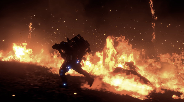 The player character from Death Stranding 2: On the Beach running through a field of fire.