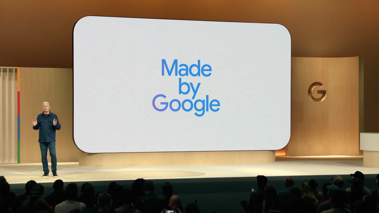 Onstage still from Made by Google 2024. Rick Osterloh presenting next to a 